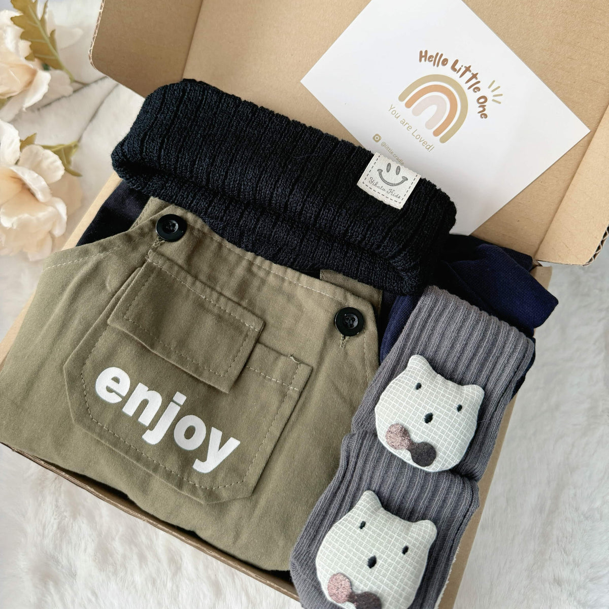 Mini Militia Green standard baby gift box with black romper with green jacket and hat