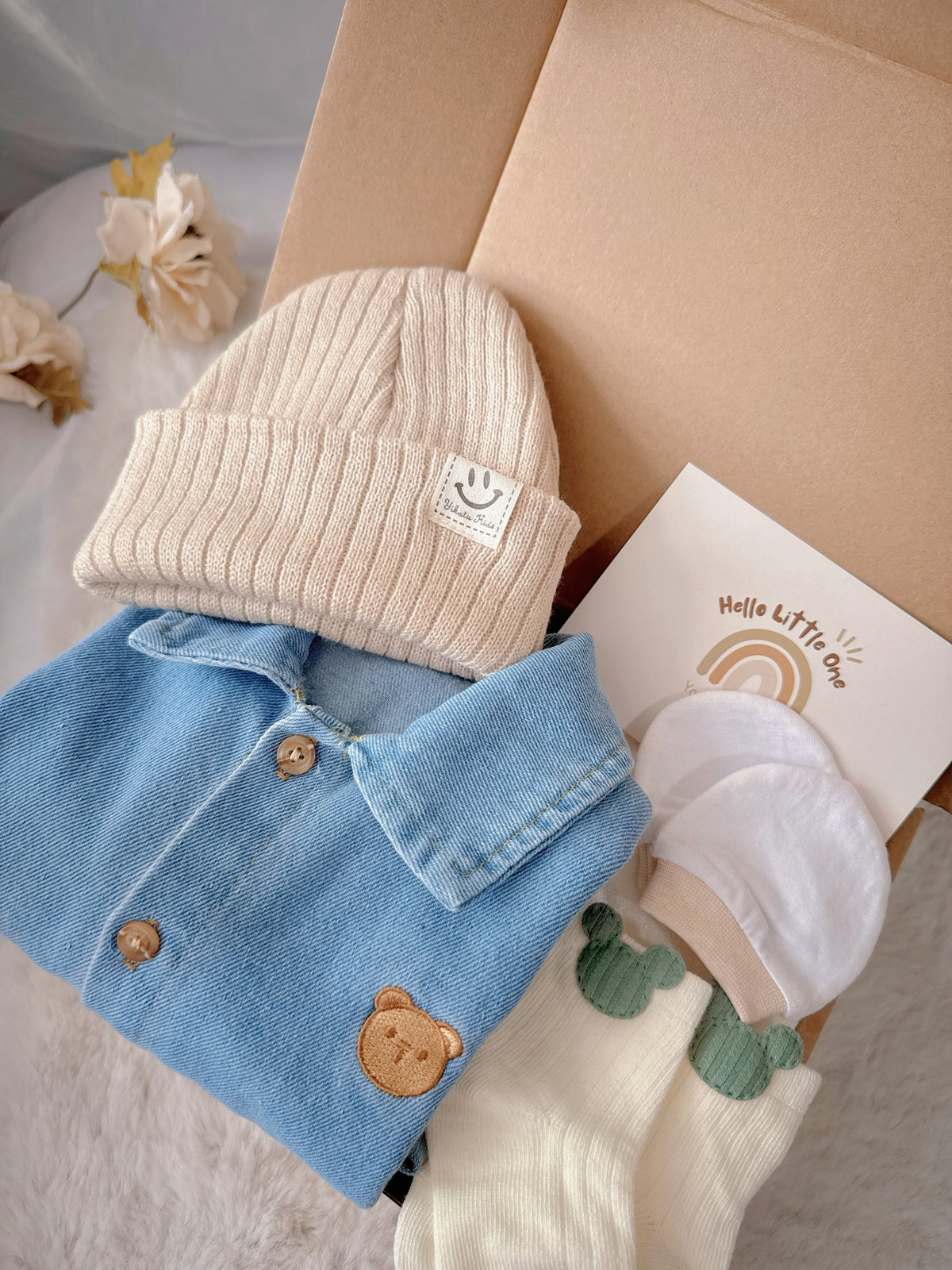 Little Denim Bear standard baby gift box with denim romper with bear badge and knit beanie
