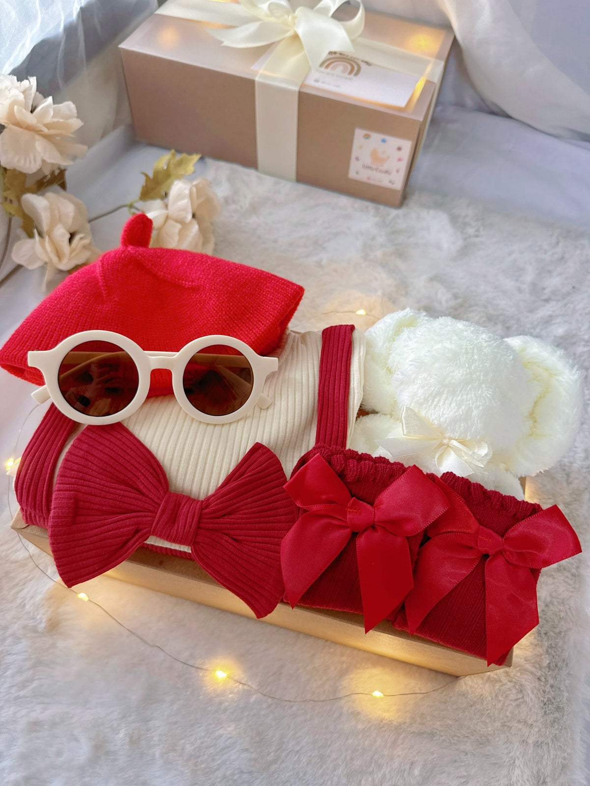 Red Riding Hood classic baby gift box with red romper with puff sleeves, bows and red beret