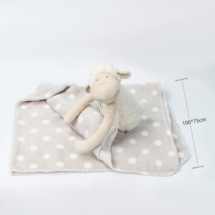 Plush sheep pulling up the sheep design blanket to showcase its size.