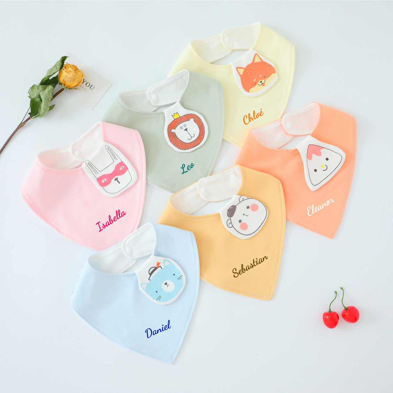 Six pieces different colour organic cotton baby bibs