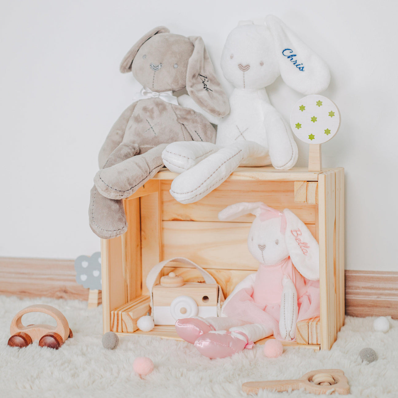 a bunch of personalised baby plush toys & plushies
