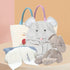 Baby Hamper - Mice Adventure Gift Set: Grey mice bathrobe, grey bunny plushie, grey knit blanket with embroidered name on one ear, and Cadeaus brand canvas bag packaging.