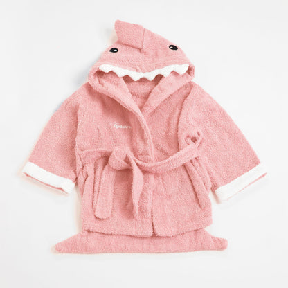 Flay lay Pink Shark Bathrobe with the name embroidered.