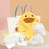 Baby Hamper - Duck Adventure Gift Set: Yellow Duck bathrobe, White bunny plushie, yellow knit blanket with embroidered name on one ear, and Cadeaus brand canvas bag packaging.