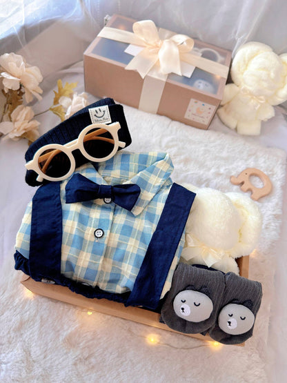 Charlie Boy classic baby gift box with blue gingham shirt with bow tie and suspender shorts