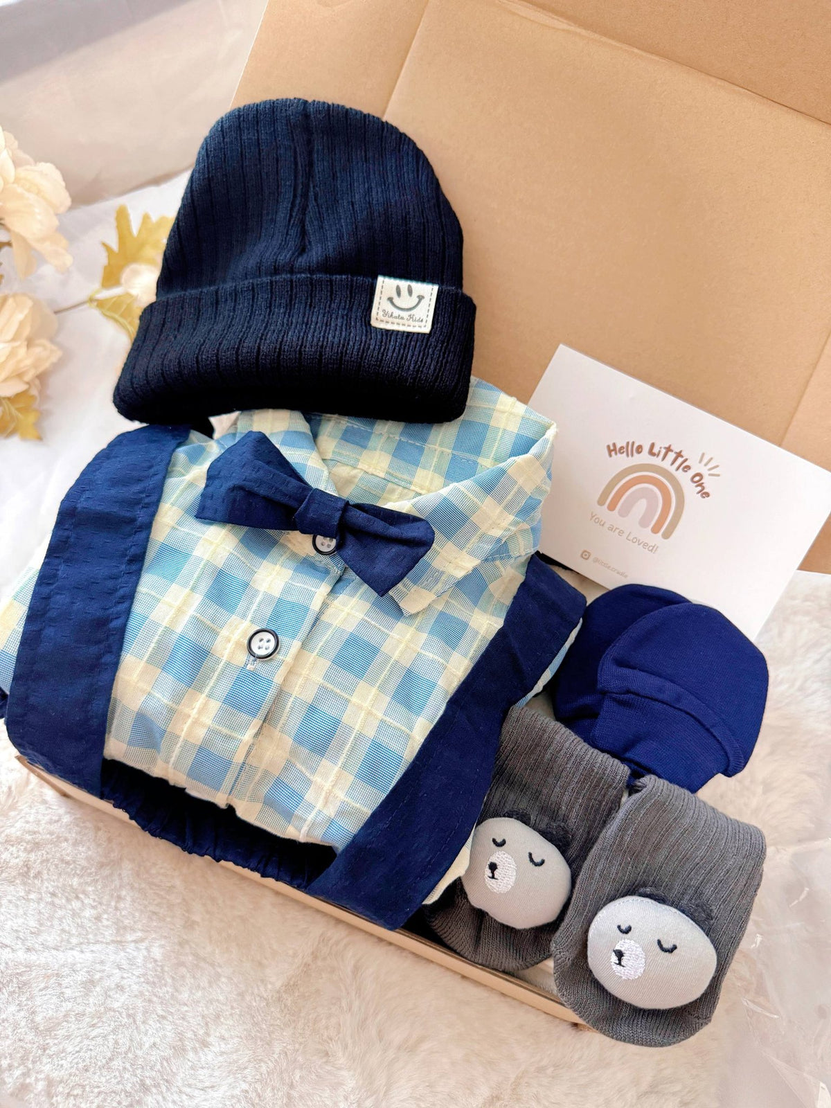 Charlie Boy standard baby gift box with blue gingham shirt with bow tie and suspender shorts
