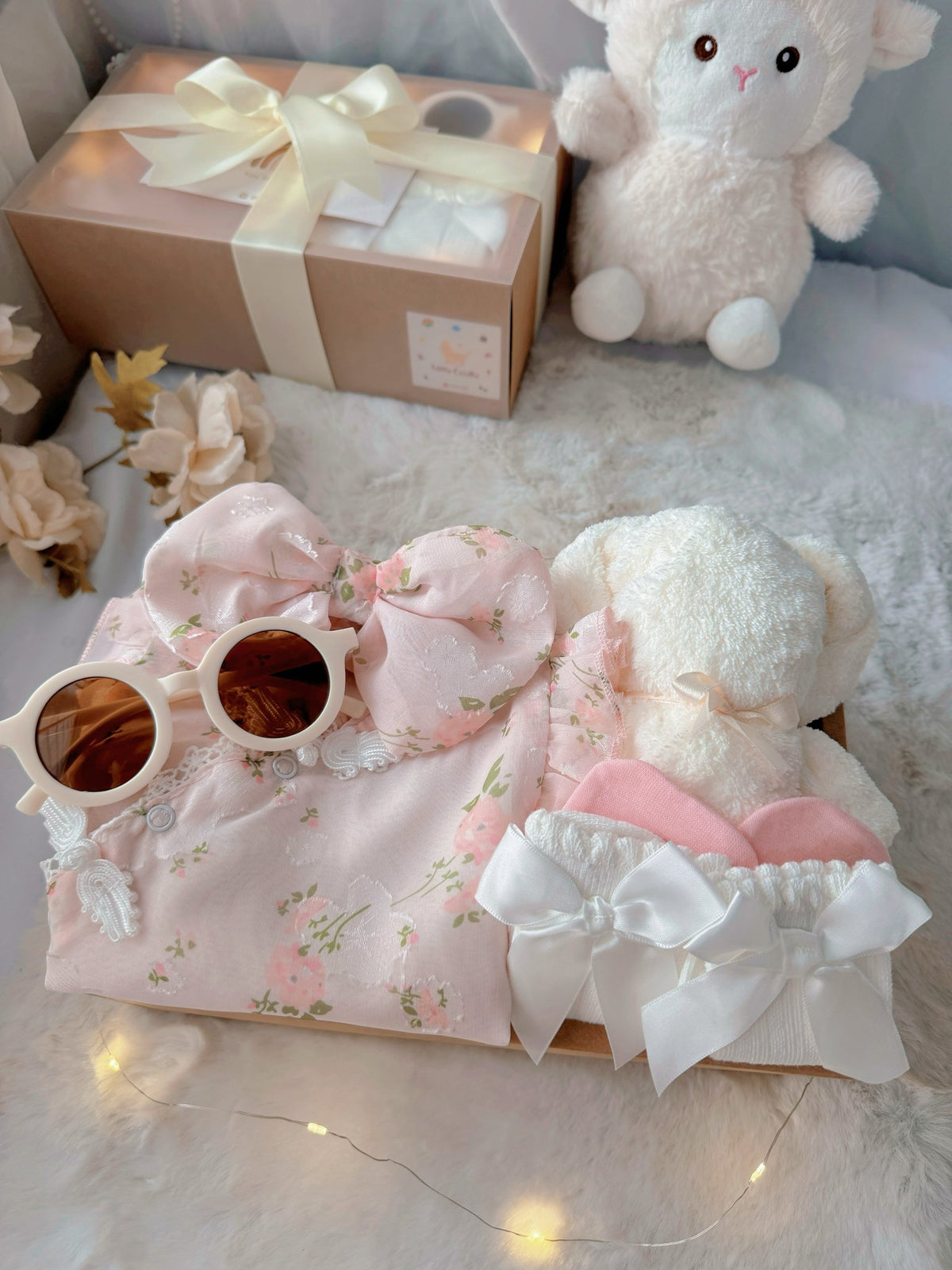 Cherry Blossom classic baby gift box with pink floral cheongsam-style romper with bow headband