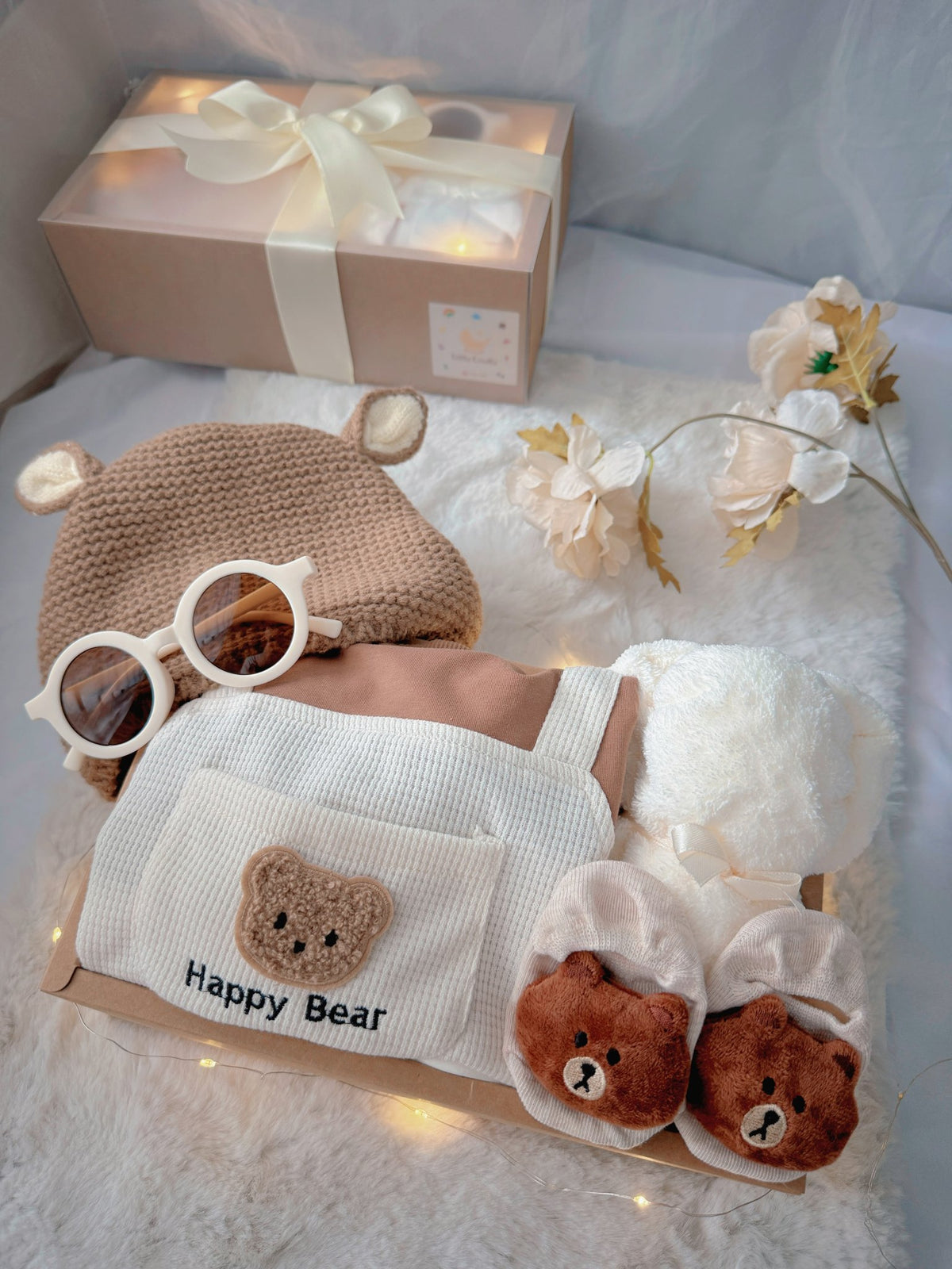 Happy Bear classic baby gift box with bear overall romper with bear-ear knit hat