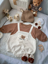 Happy Bear baby outfit flat lay – bear overall romper with bear-ear knit hat