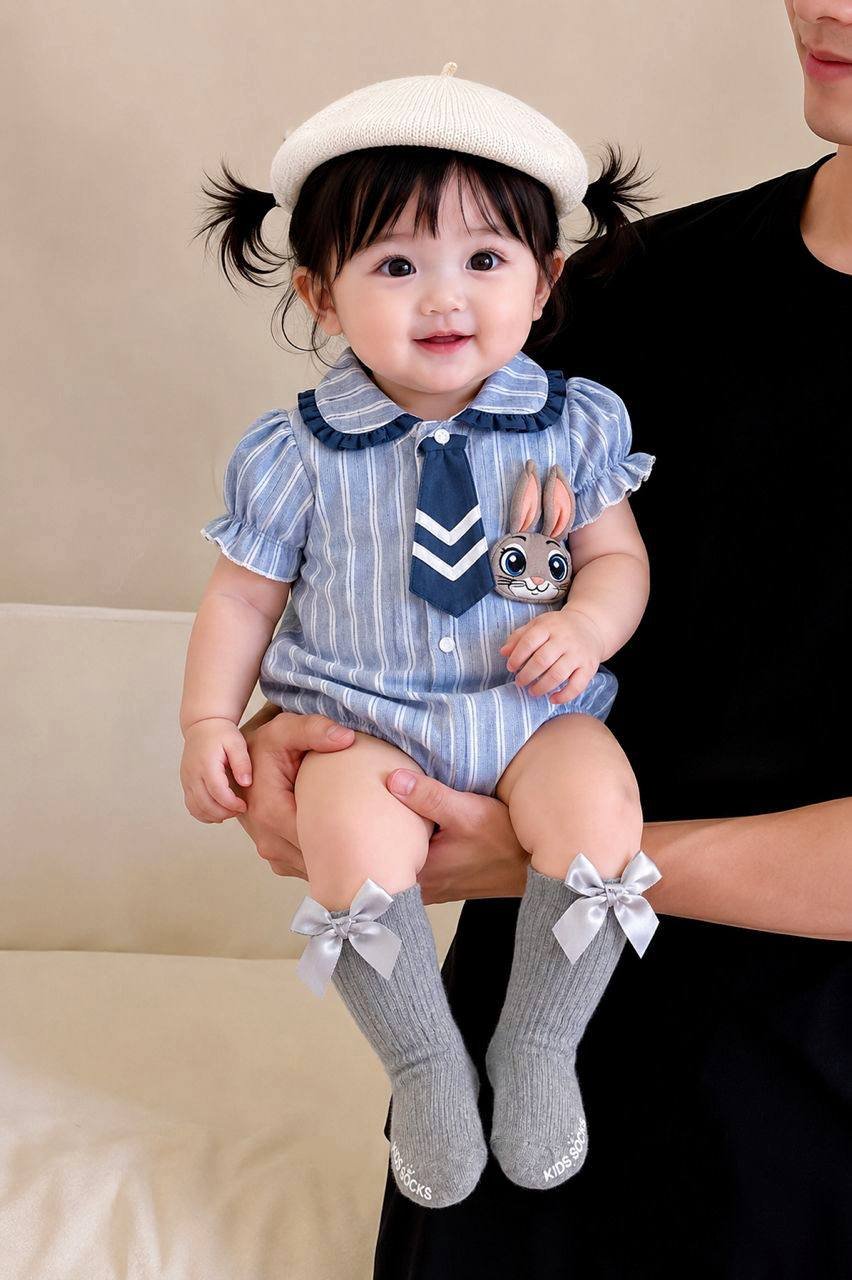 Baby wearing the Judy Bunny blue striped romper with tie and bunny badge