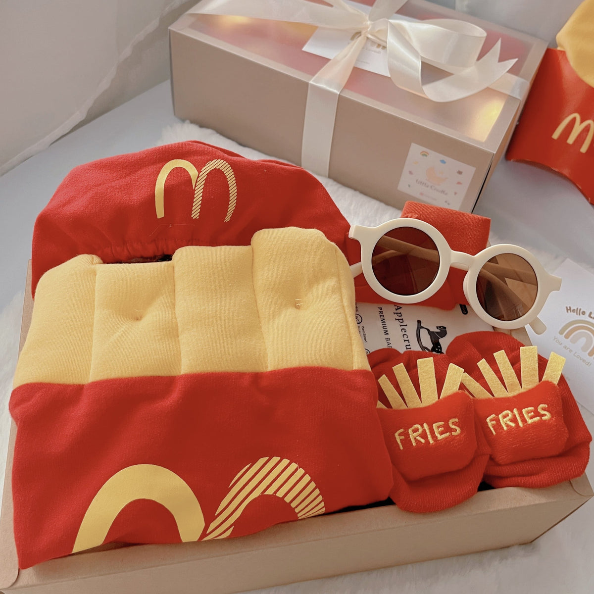Mc Kidz classic baby gift box with fries-inspired romper with matching hat and socks