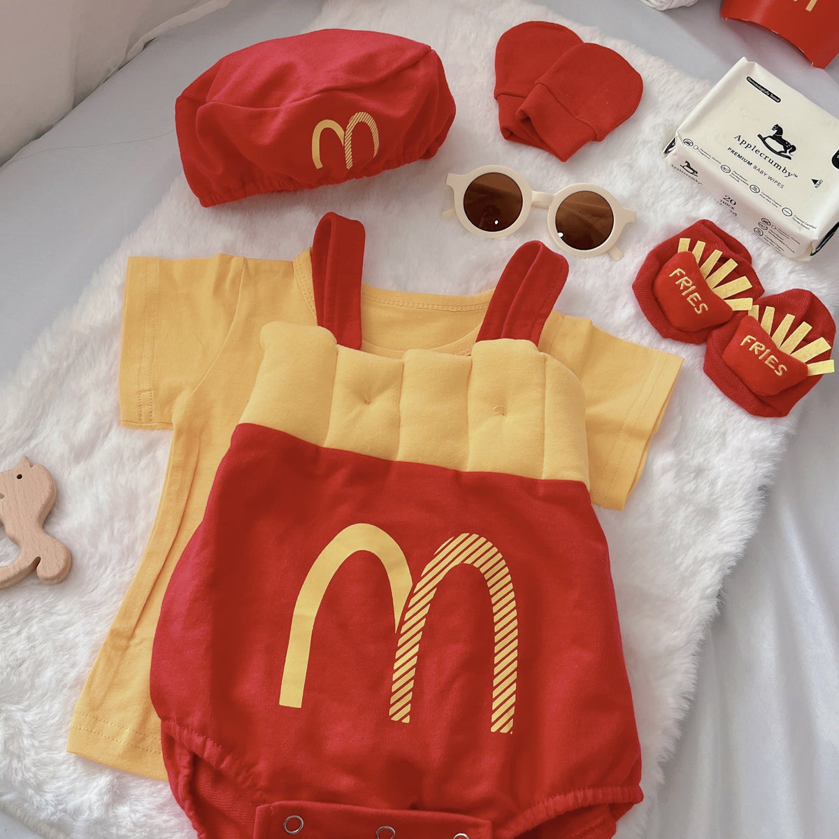 Mc Kidz baby outfit styling – fries-inspired romper with matching hat and socks
