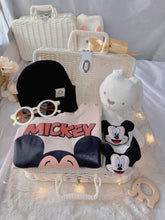 Mickey Pals premium baby gift set in a rattan basket with mouse-print romper with black beanie