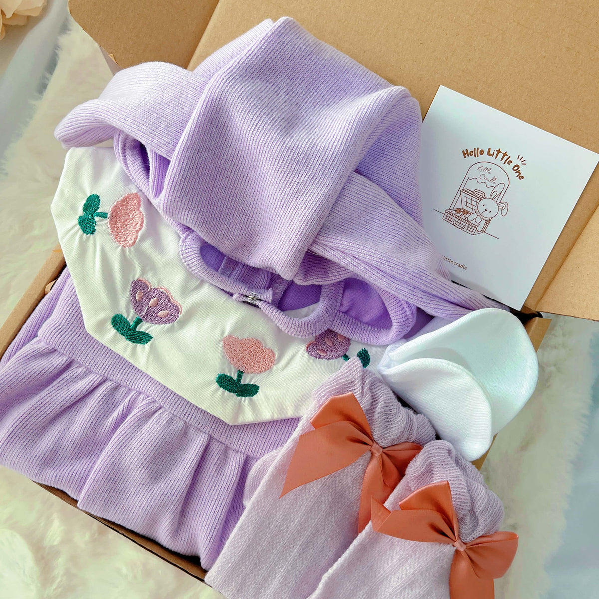 Purple Bunny standard baby gift box with romper with purple bunny-ear hat