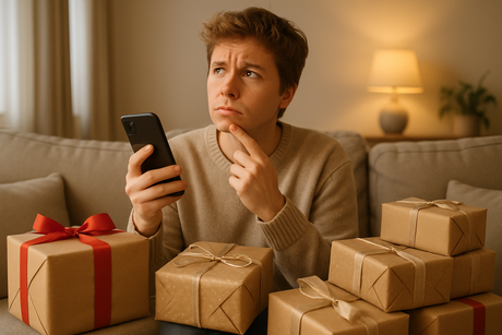 Realistic indoor photo of a person sitting on a sofa surrounded by wrapped gifts, phone in hand, with a thoughtful expression as if asking for gift advice. Warm golden light, soft neutral tones, cozy living room, shallow focus.