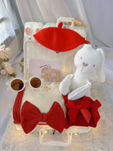 Red Riding Hood premium baby gift set in a rattan basket with red romper with puff sleeves, bows and red beret