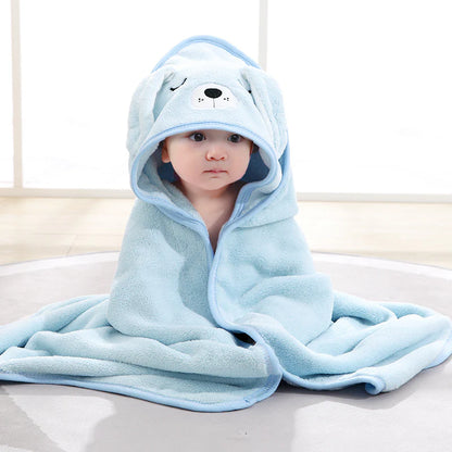 Light blue hooded towel featuring a cute puppy face and floppy ears.