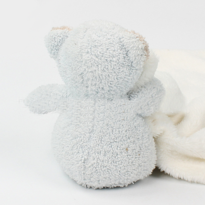A stuffed animal - light blue bear sitting next to a white towel.