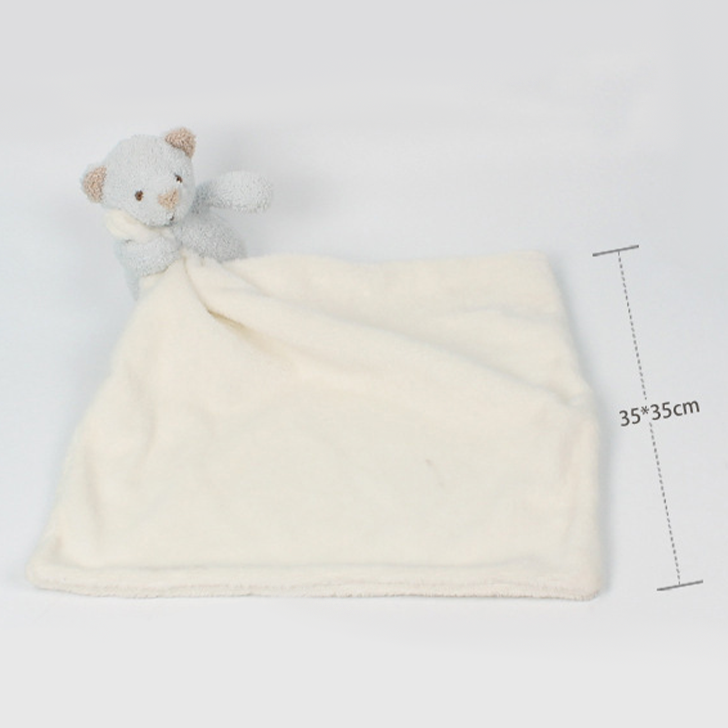 A blue bear holding a white towel, and the white towel size is 35cm*35cm.