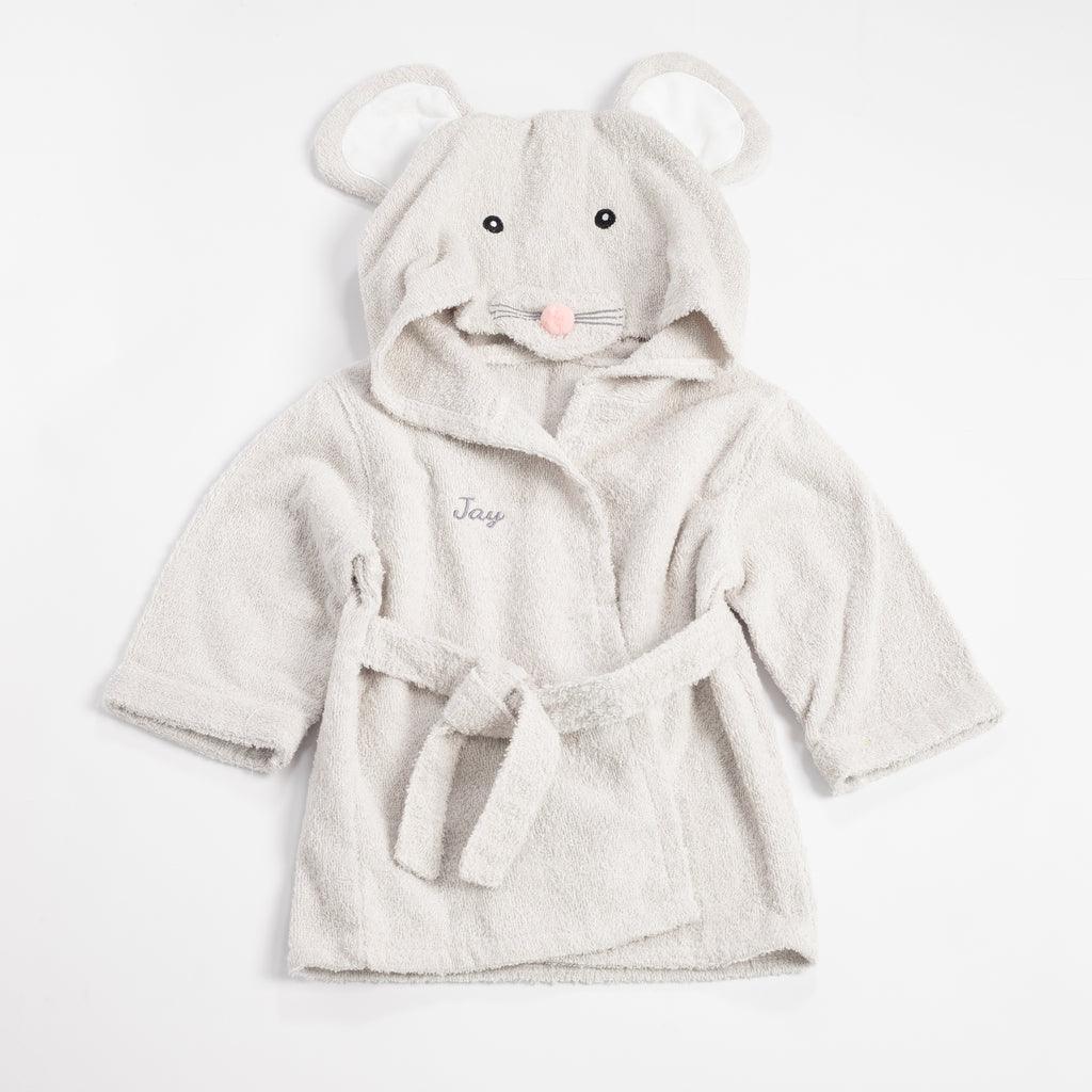 Flat lay of a grey Mice bathrobe with the name &