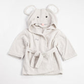 Flat lay of a grey Mice bathrobe with the name &